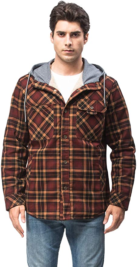 Mr.Stream Men’s Hooded Coat Casual Thicken Long Sleeve Plaid Work ...